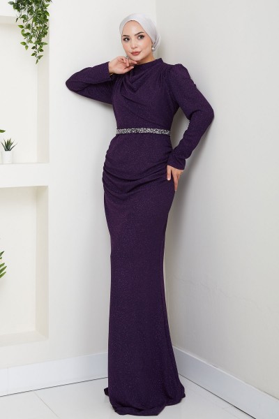 Tane Şık Taş Detaylı Tesettür Abiye - Mürdüm